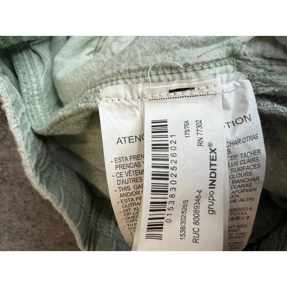 Zara Textured Cotton Wide Leg Pants Womens S Green Drawstring Pull On Coastal